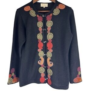 All Alpaca Cardigan Sweater Women M Black‎ Embroidered Art To Wear Peru Boho